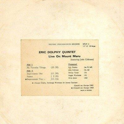 Eric Dolphy Quintet Featuring John Coltrane - Live On Mount Meru (LP - Sweden, 1970.) | Historic Performances Records